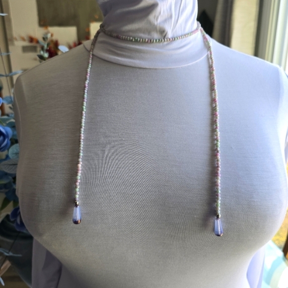 Elegant Multicolor Beaded Stone Lariat Necklace Purple Green Pink - Picture 3 of 9